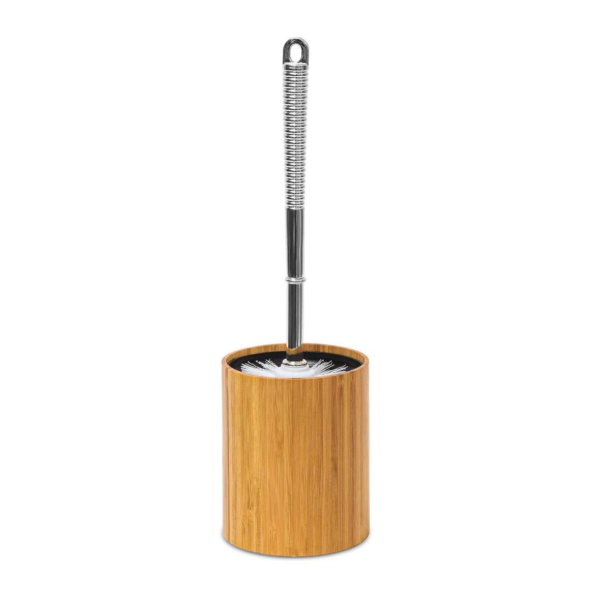 Relaxdays Bamboo Toilet Brush Holder: 33 x 10.4 x 10.4 cm, Natural Bamboo with Plastic Toilet Brush, Stainless Steel Finish, Replaceable Brush Head,