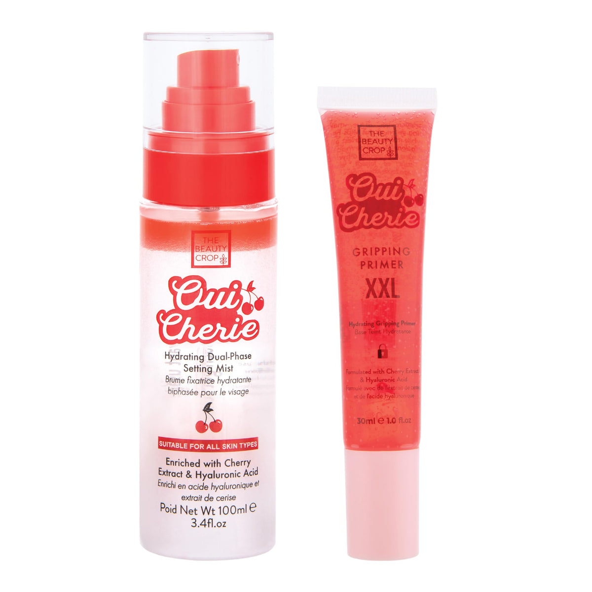 The Beauty Crop Oui Cherie Mist and Primer Duo Set - 100 ml Dual-Phase Setting Spray & 30 ml Hydrating Gripping Primer - Vegan & Non Comedogenic