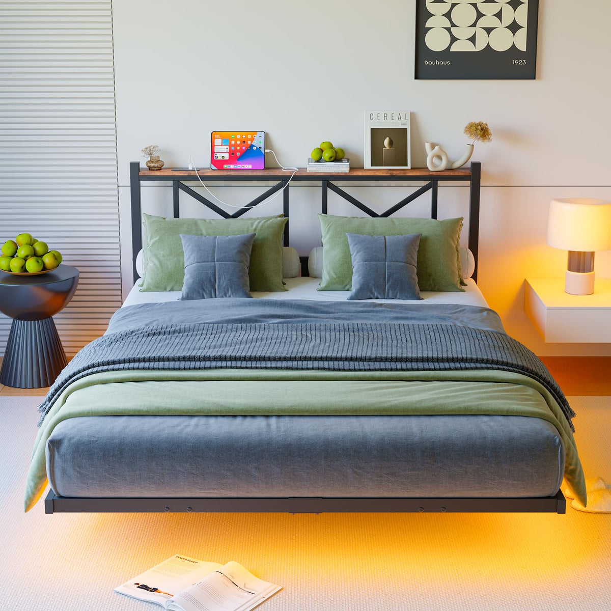 ARFARLY King Size Bed Frame Floating Bed Frame with LED Lights and Charging Station, Metal Platform Bed Frame King Size with Wooden Storage Headboard