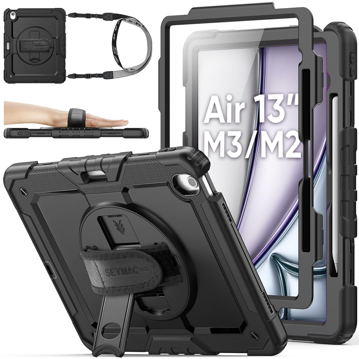 SEYMAC stock Case for iPad Air 13 inch 2025/2024 (M3/M2), Heavy Duty Shockproof Cover with Screen Protector, 360? Rotating Stand/Hand Strap, Pen