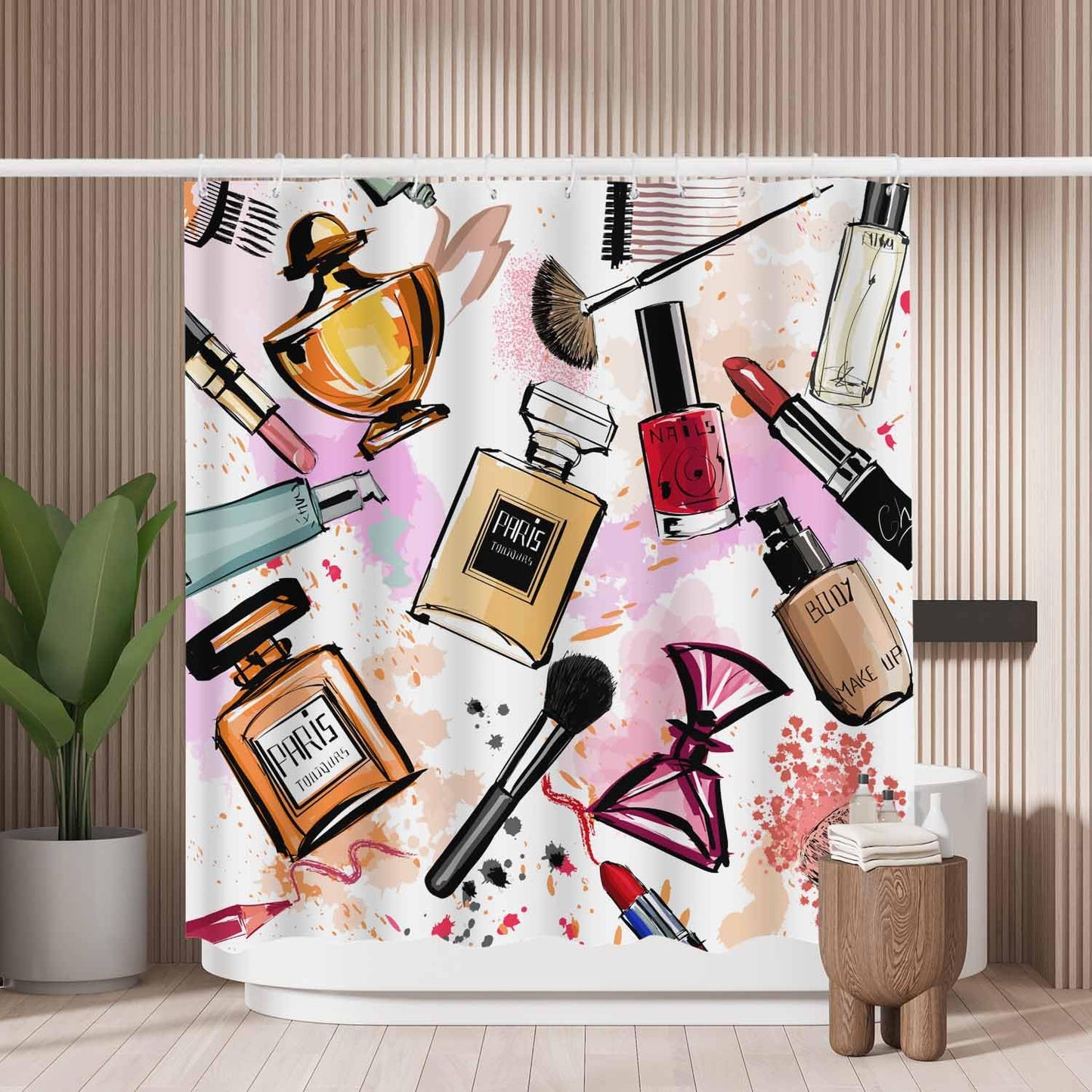 Woutay Shower Curtain Mould Proof Resistant Watercolor Cosmetics and Perfumes Collection,Water Repellant Fabric,Polyester,with 12 Plastic Hooks,Size