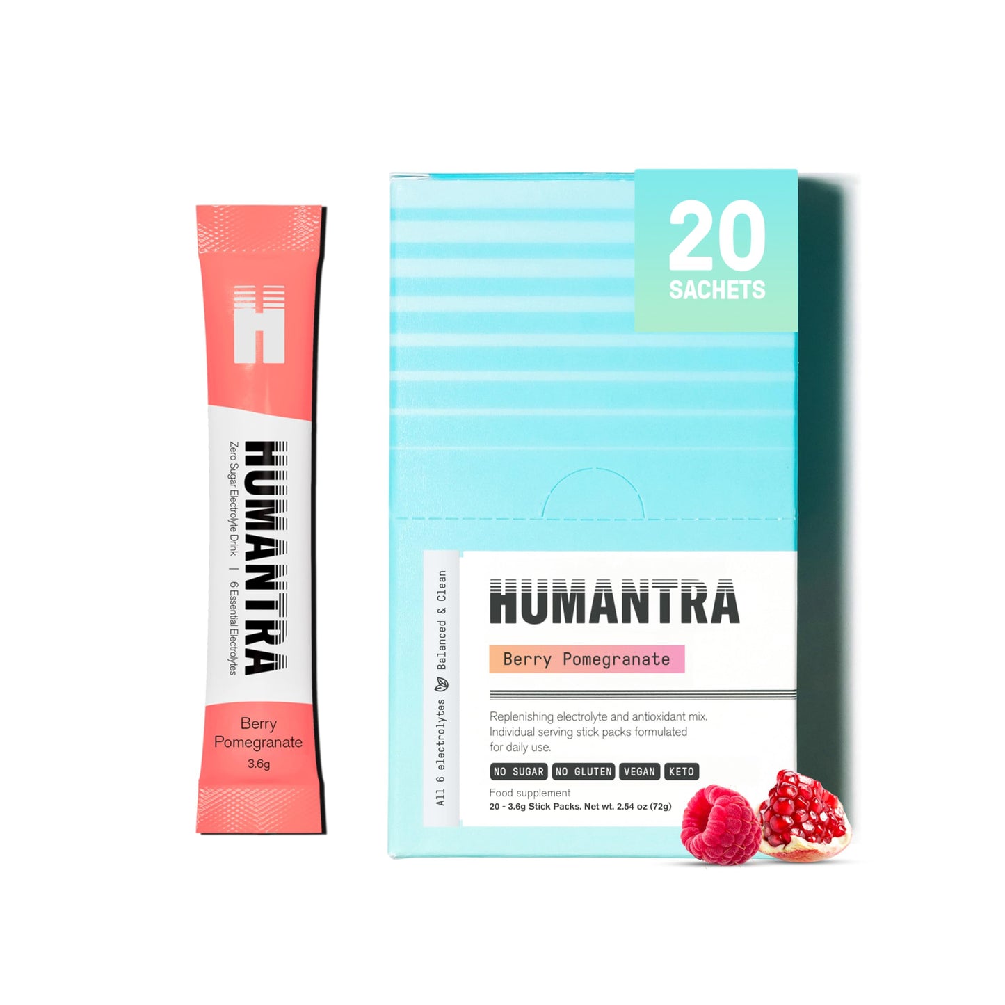 Humantra Electrolyte Packets | Zero Sugar | W/ 6 Electrolytes | Electrolytes Powder (20 Count, Berry Pomegranate)