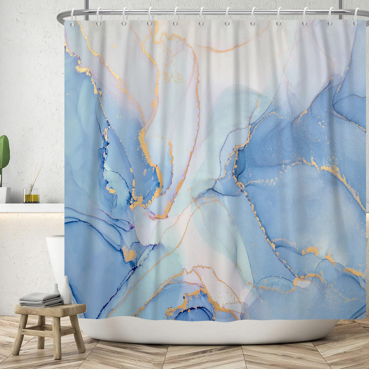 ASDCXZ Marble Shower Curtain 180x200 cm, Modern Abstract Blue White Gold Marble Optic Texture Washable Bath Shower Curtains Polyester Textile