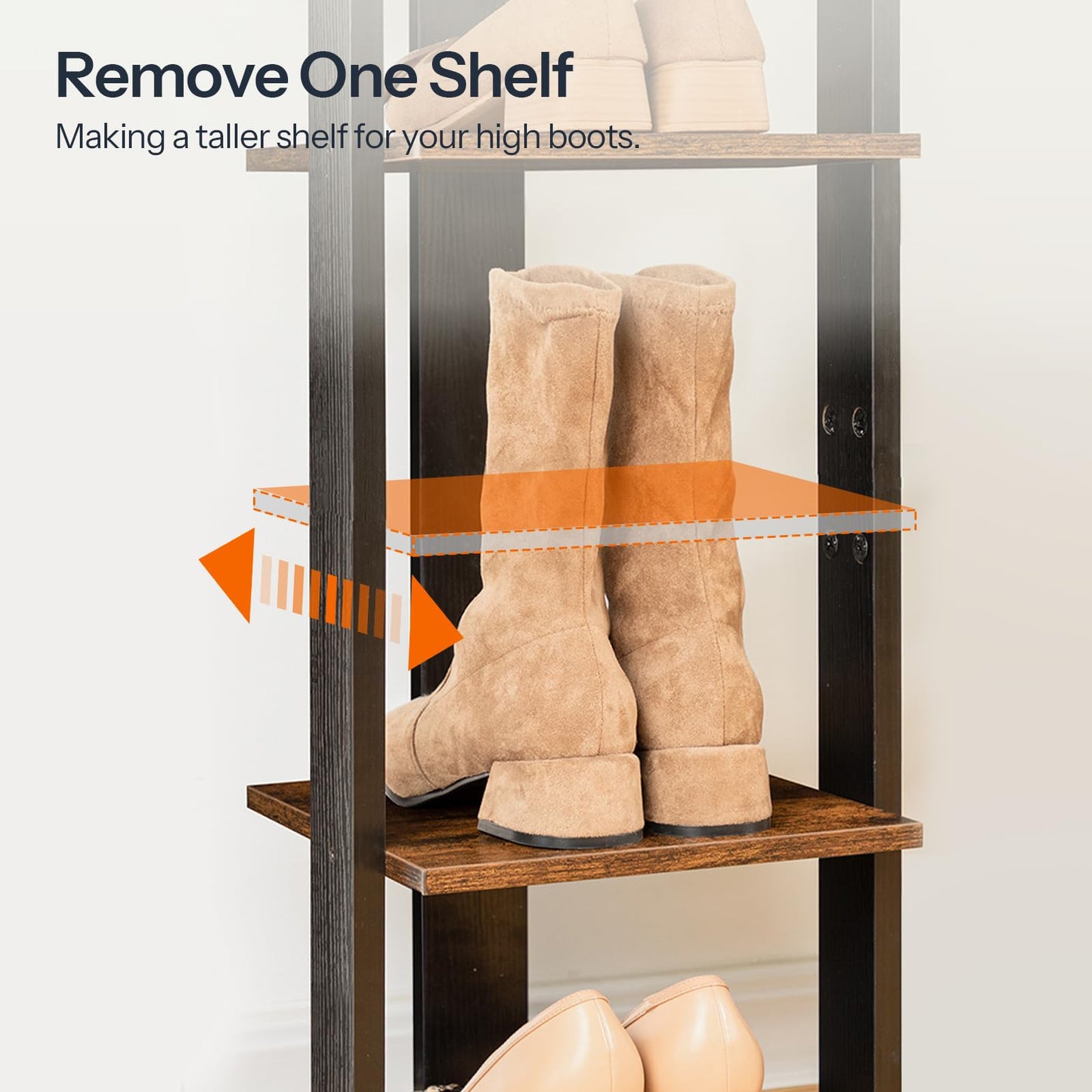 HOOBRO Shoe Rack Wooden, Tall Shoe Rack, Narrow Shoe Storage Organizer with 2 Hooks, Slim Narrow Shelf, Vertical Tower for Entrance, Living Room