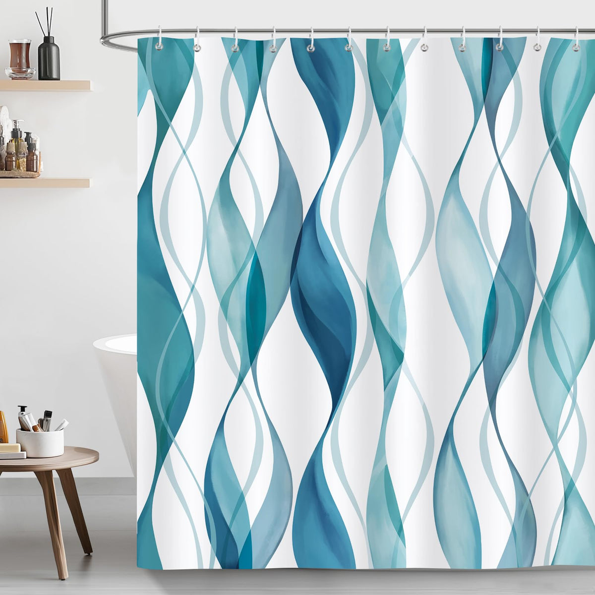 Bonhause Blue and Teal Striped Shower Curtain, Modern Minimalist Bathroom Curtain 180 x 180 cm Waterproof Mildew and Mould Resistant Polyester Fabric