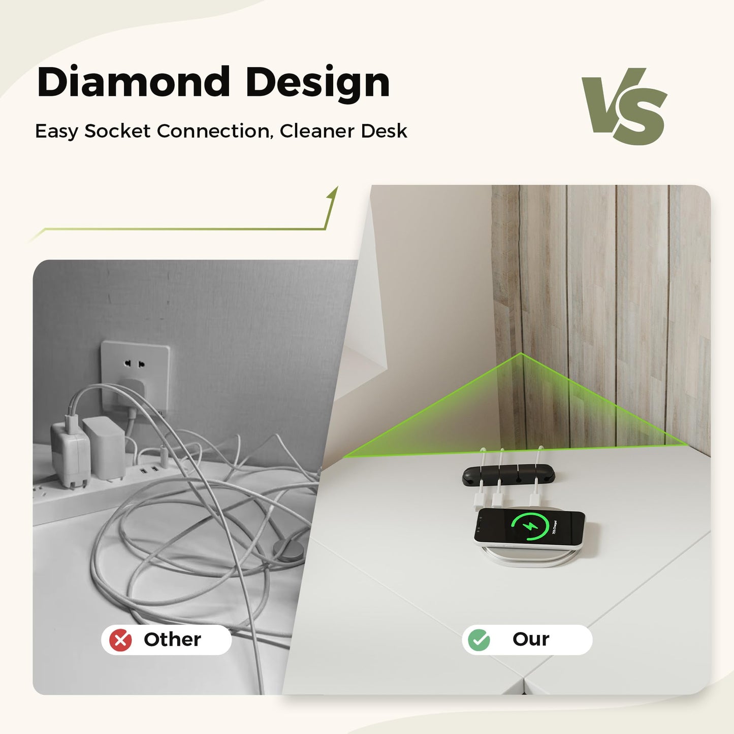 Mericonia L Shaped Desk, Diamond Design for Socket, 135x110cm, White