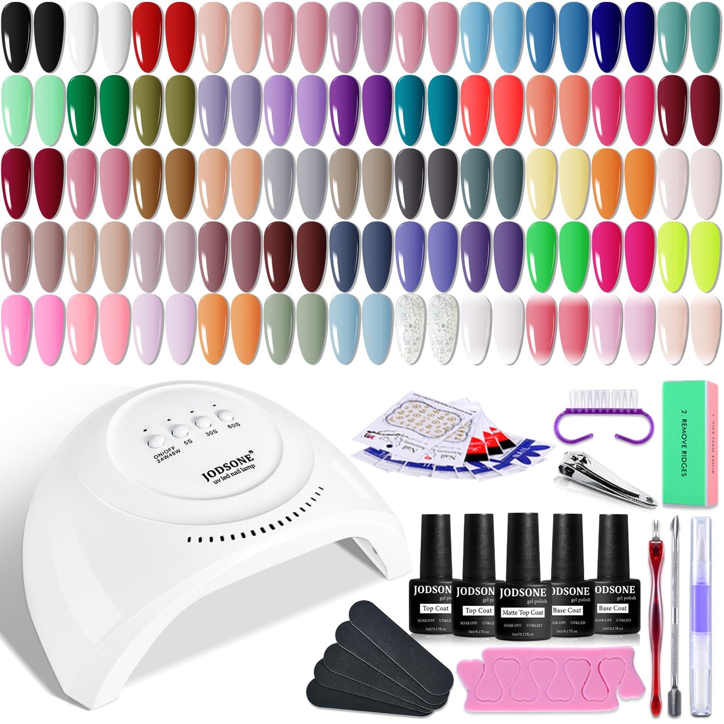 JODSONE 60 PCS Gel Nail Polish Kit with U V Light Base and Matte Glossy Top Coat Nail Gel Polish Soak off Manicure Accessory Tools Suitable for All