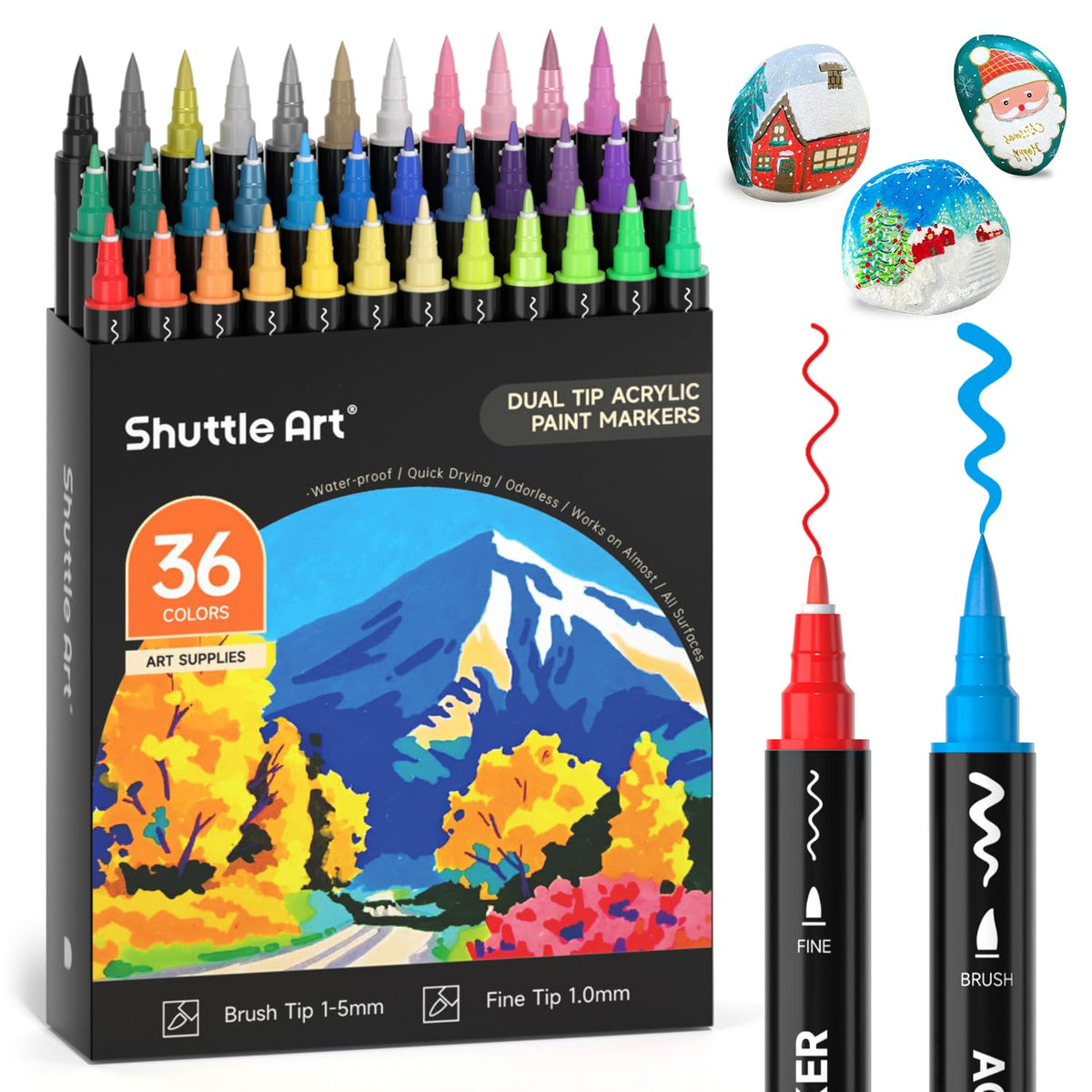 Shuttle Art Dual Tip Acrylic Paint Pens, 36 Colours Fine & Brush Paint Marker Pens, Paint Pens for Rock Painting, Ceramic, Wood, Fabric, Glass, Art