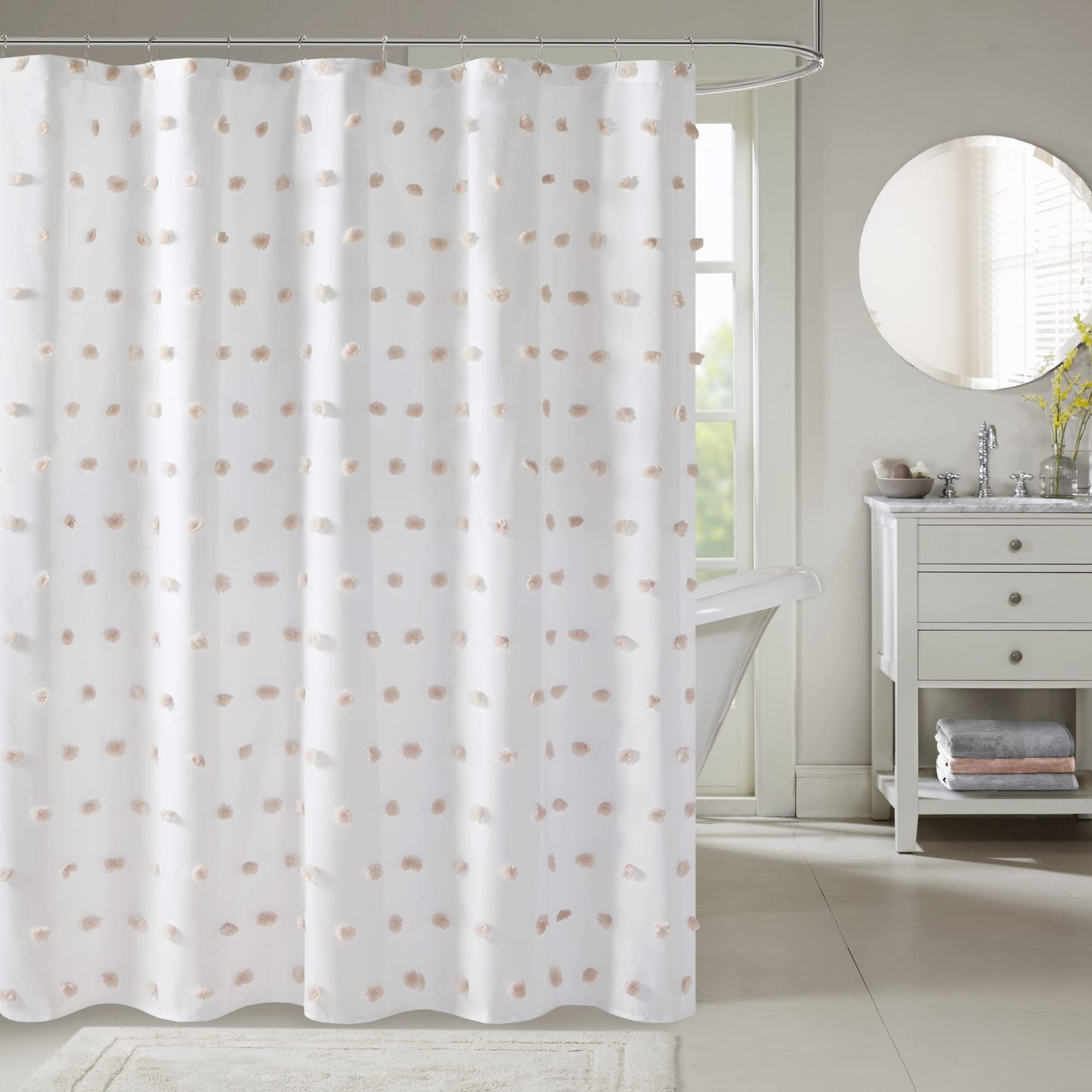 Madison Park Sophie Trendy Shower Curtain with Textured Pom-Poms Accent Modern Bathroom D?cor, Machine Washable Bath Privacy Screen, 72 in x 72 in,