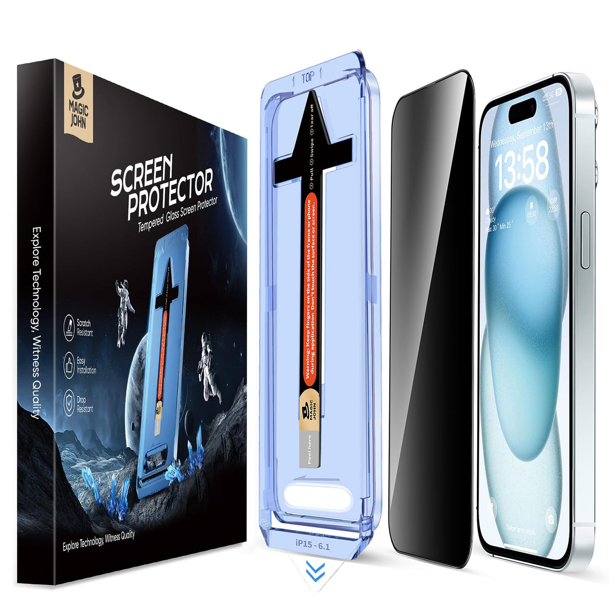 MAGIC JOHN 2 Pack for iPhone 15 6.1 inch Privacy Glass Screen Protector, Auto Dust-Elimination Installation, Bubble Free, Easy Installation