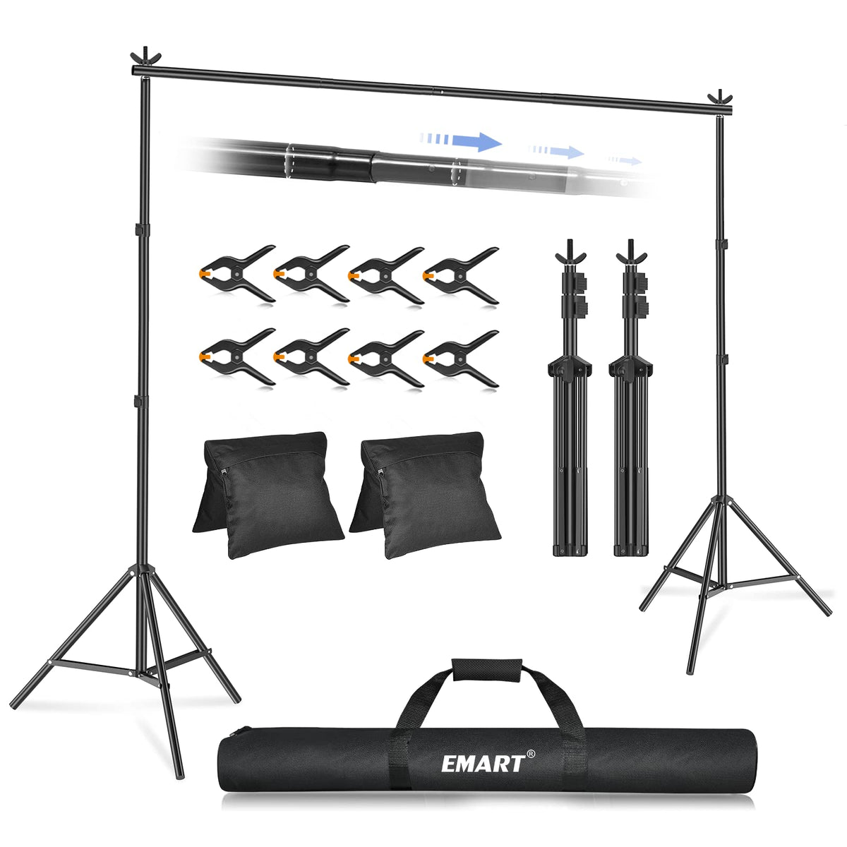 EMART Backdrop Stand 2mx3m(HxW) Photo Studio Adjustable Background Stand Support Kit with 2 Crossbars, 8 Backdrop Clamps,2 Sandbags and Carrying Bag