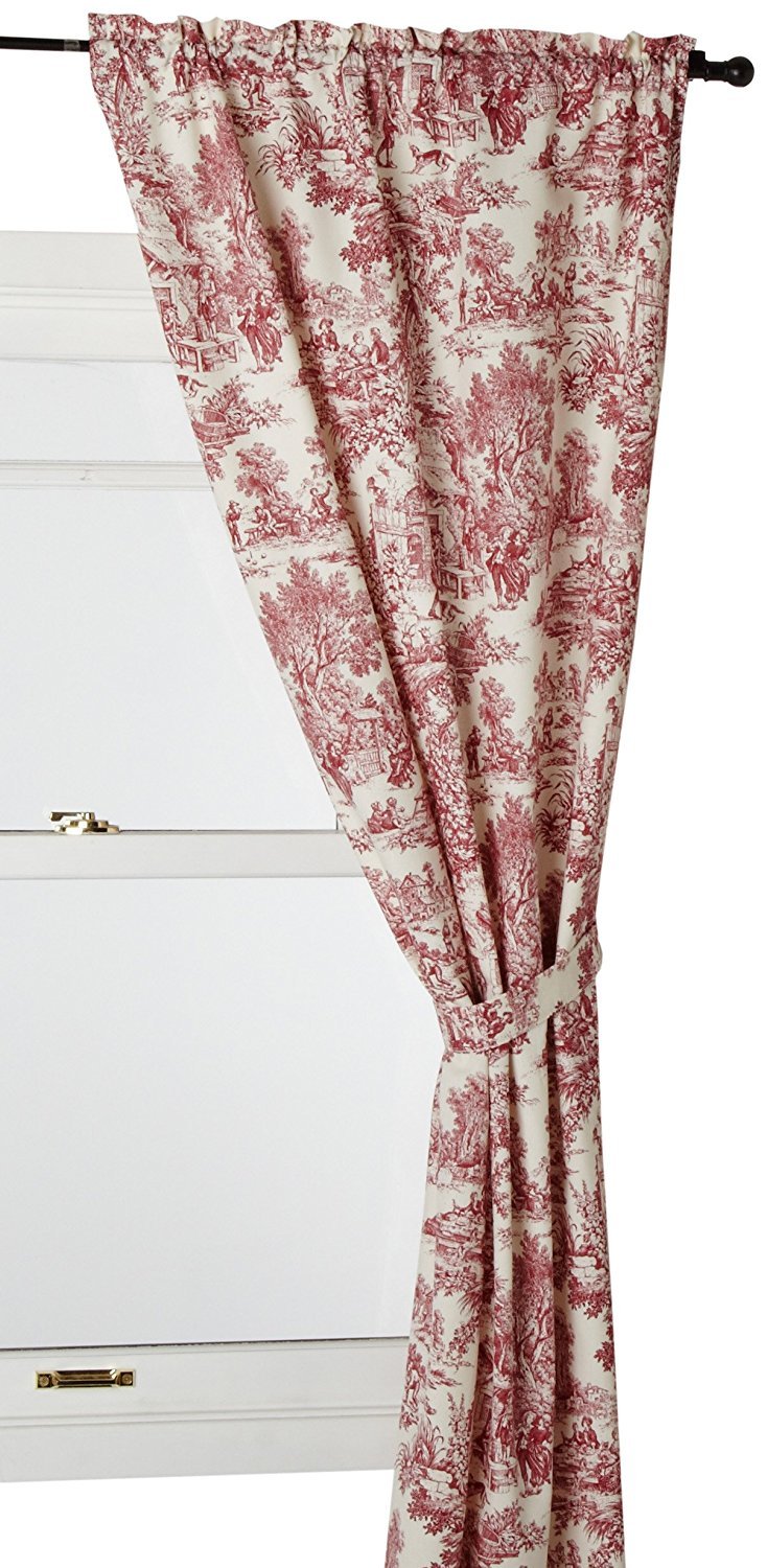Ellis Curtain Victoria Park Toile 68-Inch-by-72 Inch Tailored Panel Pair with Tiebacks, Red