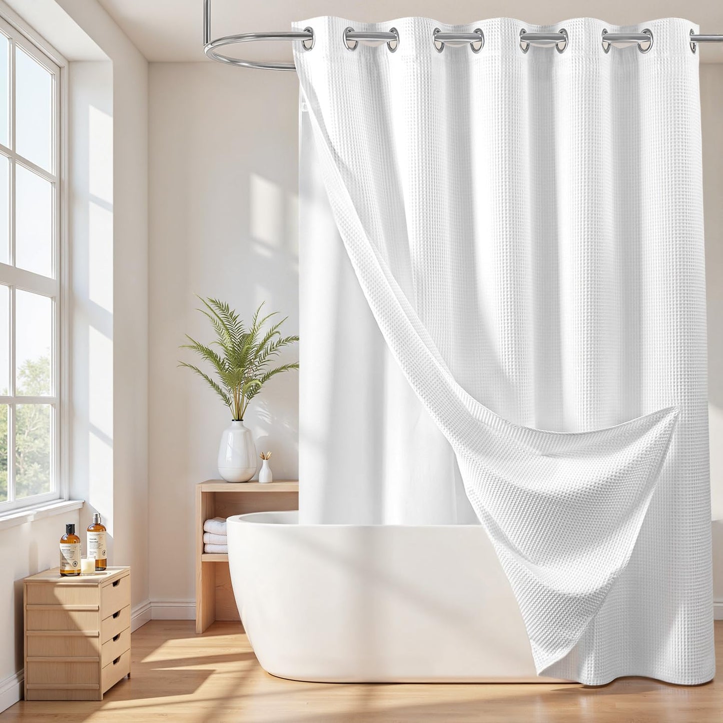 River Dream Hotel Grade No Hooks Needed Shower Curtain with Snap in Liner,Water Repellent, Machine Washable (White-No Window, 71"x74"(W/Liner))