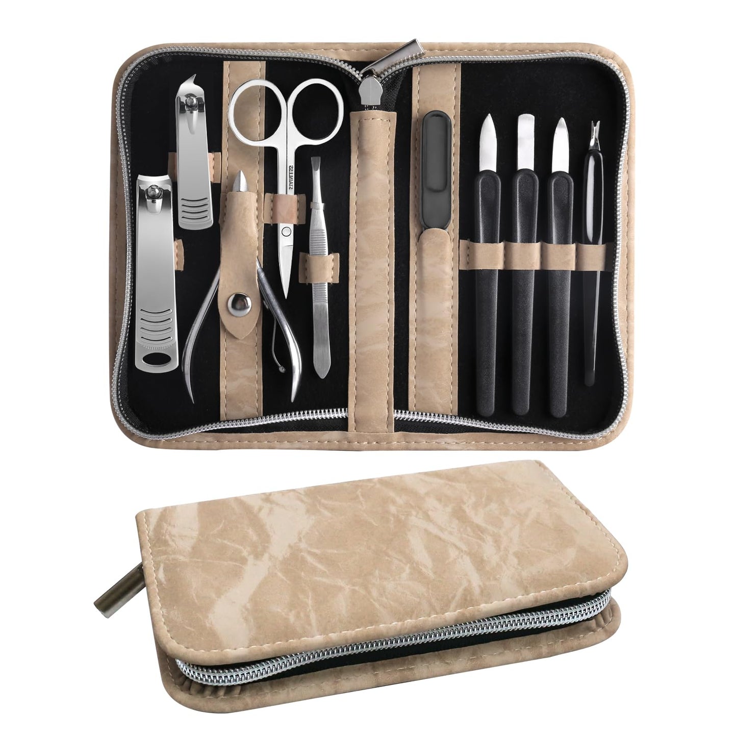 Manicure Set 10pcs Professional Nail Clippers Kit Pedicure Care Tools-Stainless Steel Grooming Tools for Travel-Brown