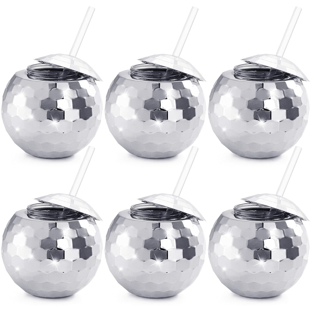 Nicunom 6 Pack Disco Ball Cups with Lids & Straws, 600ml Reusable Silver Disco Ball Tumbler 1970s Disco Flash Ball Cocktail Cup Sparkly Glitter Disco