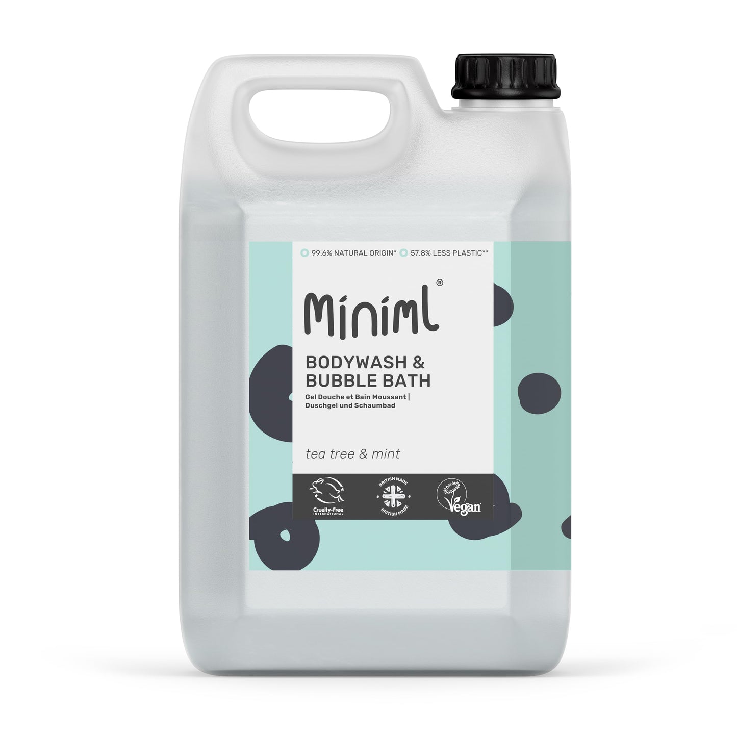 Miniml All Natural Body Wash and Bubble Bath - 5L Refill Moisturising Tea Tree and Mint Sensitive Skin Eco Shower Gel Bath Soak - Vegan Friendly Hand,
