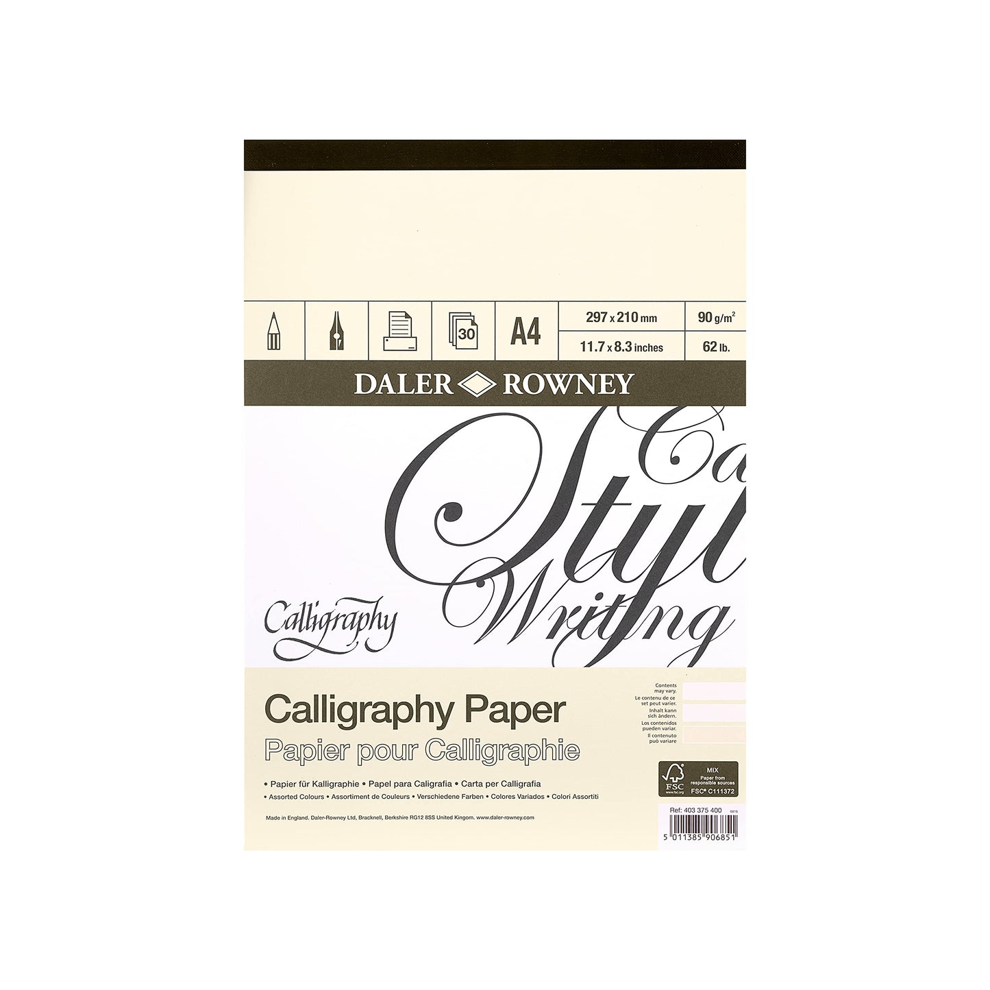 Daler-Rowney Calligraphy Drawing 90gsm Parchment Texture A4 Paper Pad, Glued 1 Side with 30 Sheets, 3 Assorted Colours, Ideal for Professional Artists