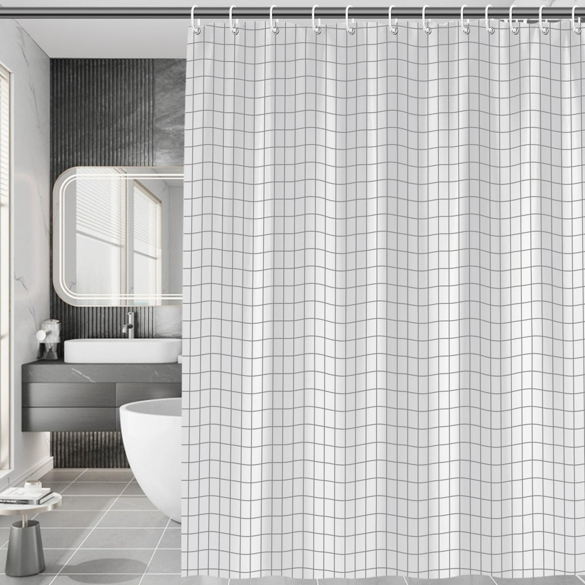 Startseite Checkered Shower Curtain - Black Line White Check Shower Curtain, PEVA Waterproof Bathroom Curtains with 12 Hooks, 180 x 200 cm