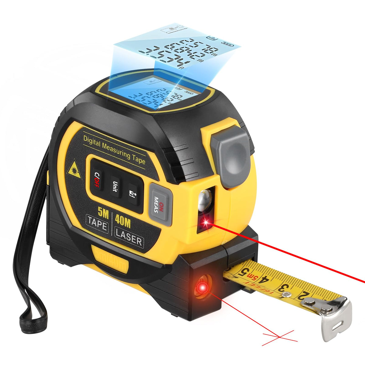 40M Laser Rangefinder, Digital Laser Tape Measure LCD Display with Backlight, M/In/Ft, 3 in 1 Laser Meter Retractable Tape 5M, Cross Line Laser,