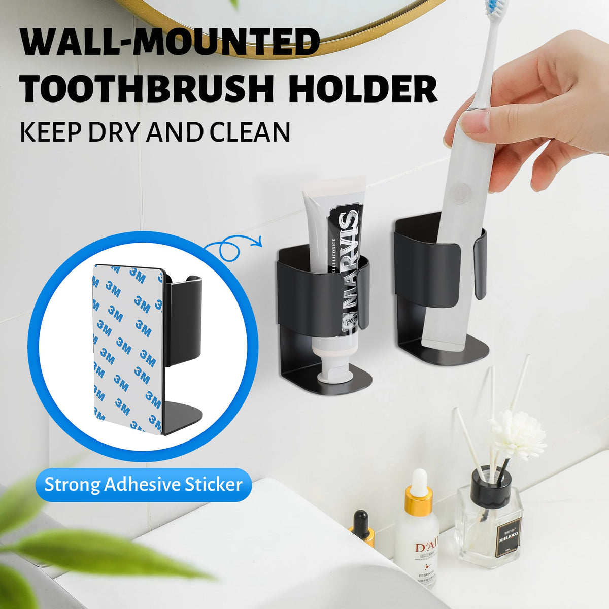 Yoassi Electric Toothbrush Holders, 2pcs Wall Mounted Electric Toothbrush Stand with Strong Self-Adhesive 3M Sticker Stainless Steel Toothpaste