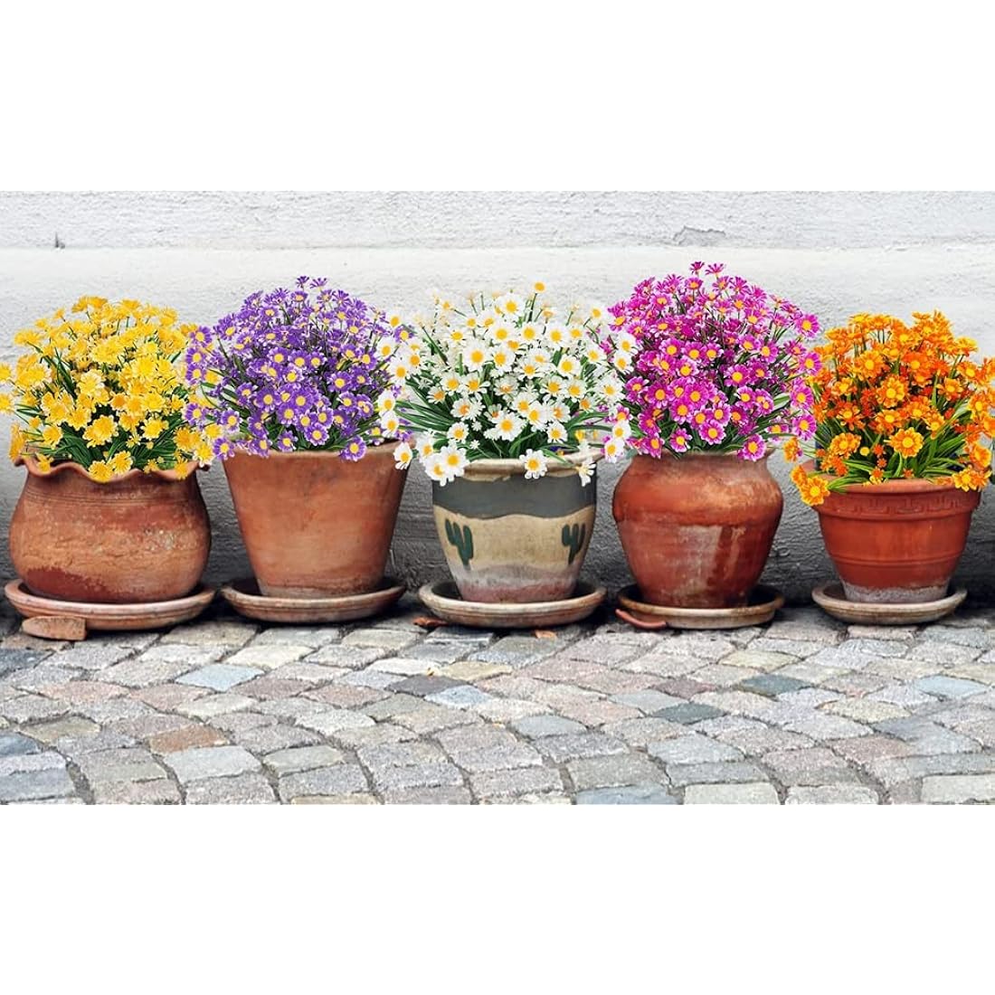 4PCS Artificial Daisy Flowers Outdoor Spring Summer Decoration UV Resistant Fake Flowers Faux Plastic Greenery Shrub Plant Indoor Outside Hanging Garden Home Porch Wedding Party Decor (White)