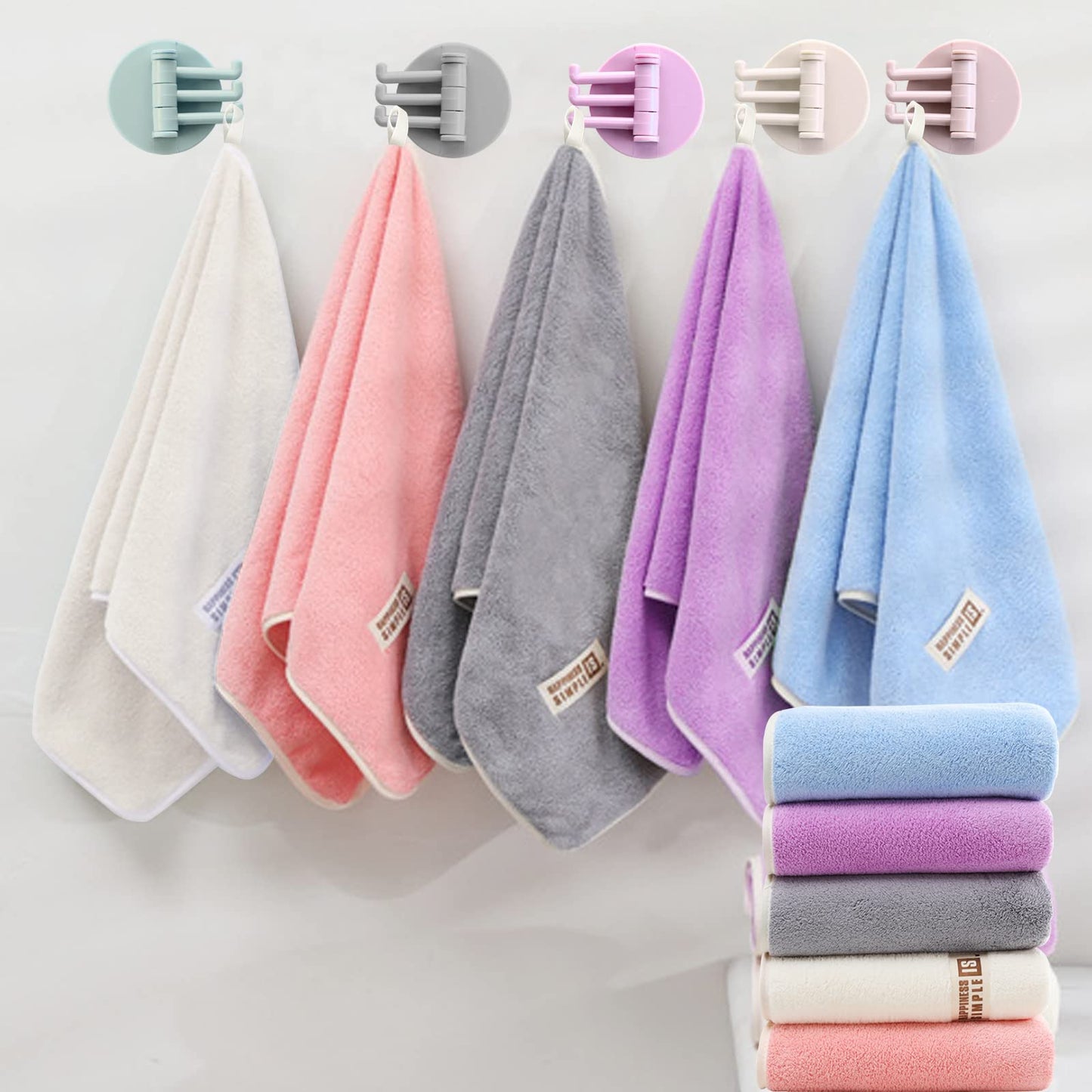 Ailelan Coral Fleece Small Hand Towels, 5 Towel Hooks 50x25CM Quick Dry