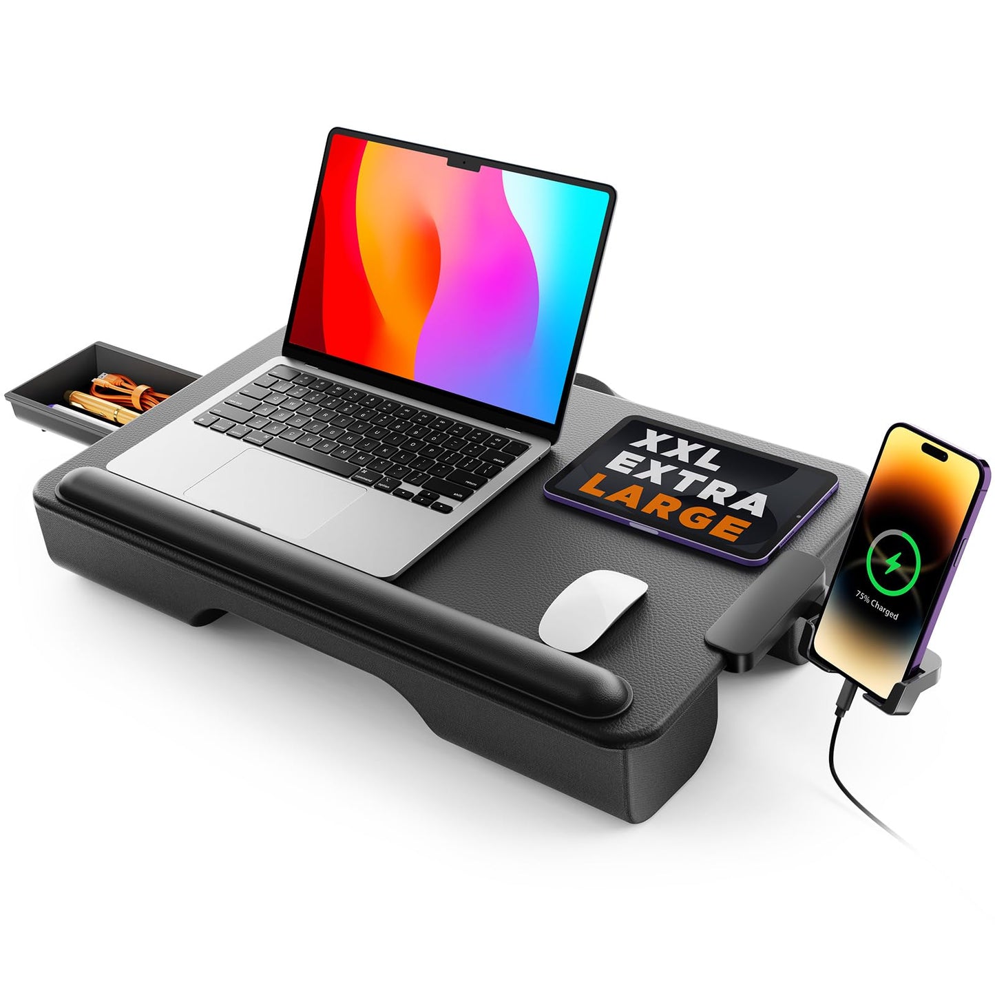 Laptop tray, Laptop stand, SAIJI non slip leather Lap desk, 54 * 33cm large desktop, with comfortable wrist rest, phone holder, drawer