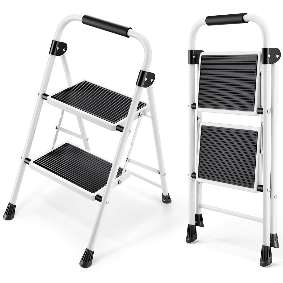 KINGRACK 2 Step Ladder with Non-Slip and Wide Pedal, Small Sturdy Steel Folding Ladder with Handle, Lightweight and Portable, White
