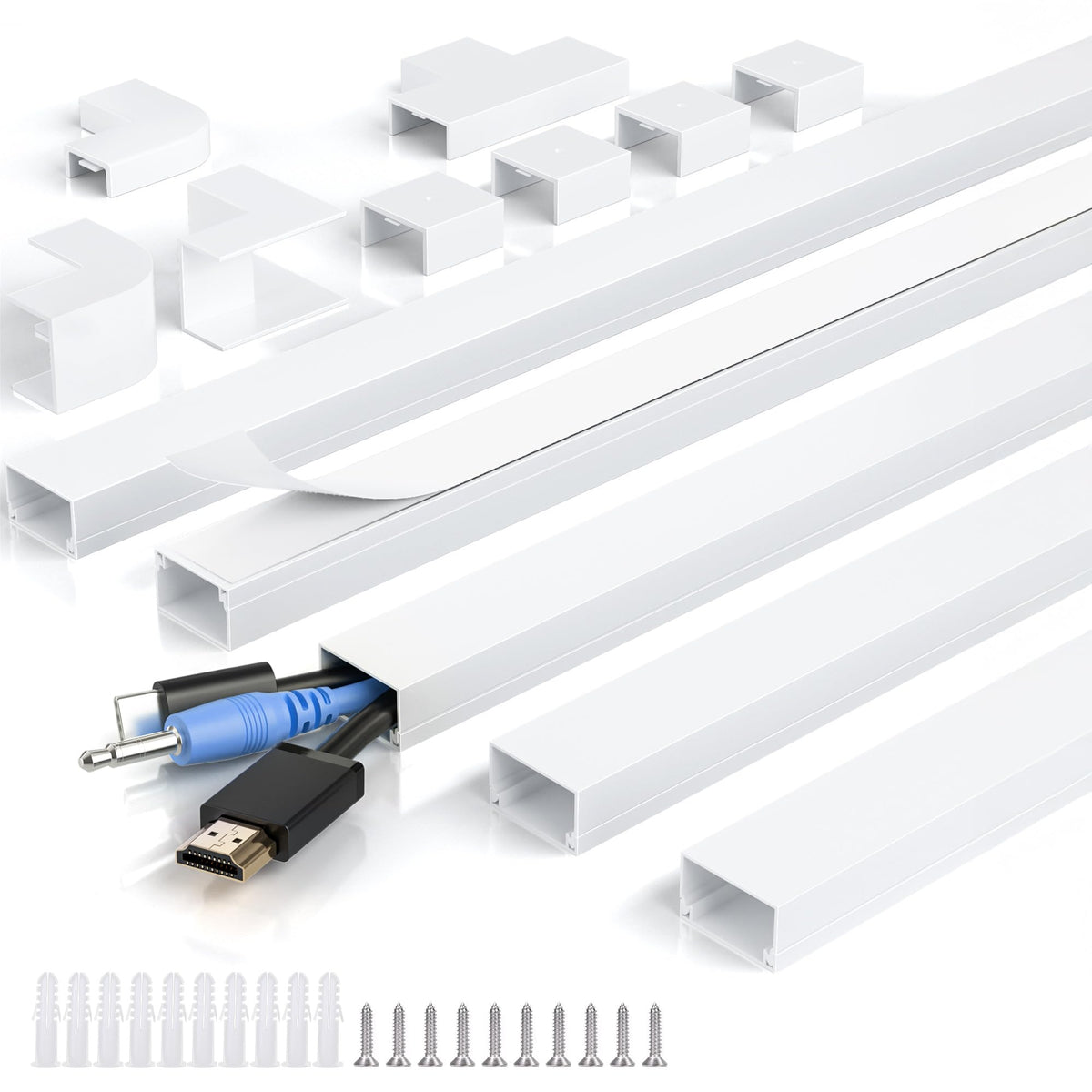 MUDEELA Cable Trunking Kit, 2M Trunking for TV Cables, Self Adhesive Wall Cable Tidy, Cable Management to Hide Wall Mount TV Powers Cords in Home