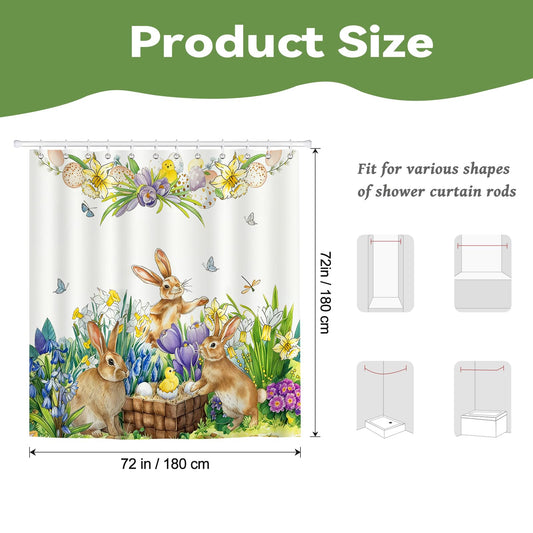 Hopomoon Spring Bunny Shower Curtain, Watercolor Cute Easter Bunnies Floral Chick Butterfly Bathroom Curtain with 12 Hooks,Waterproof Polyester