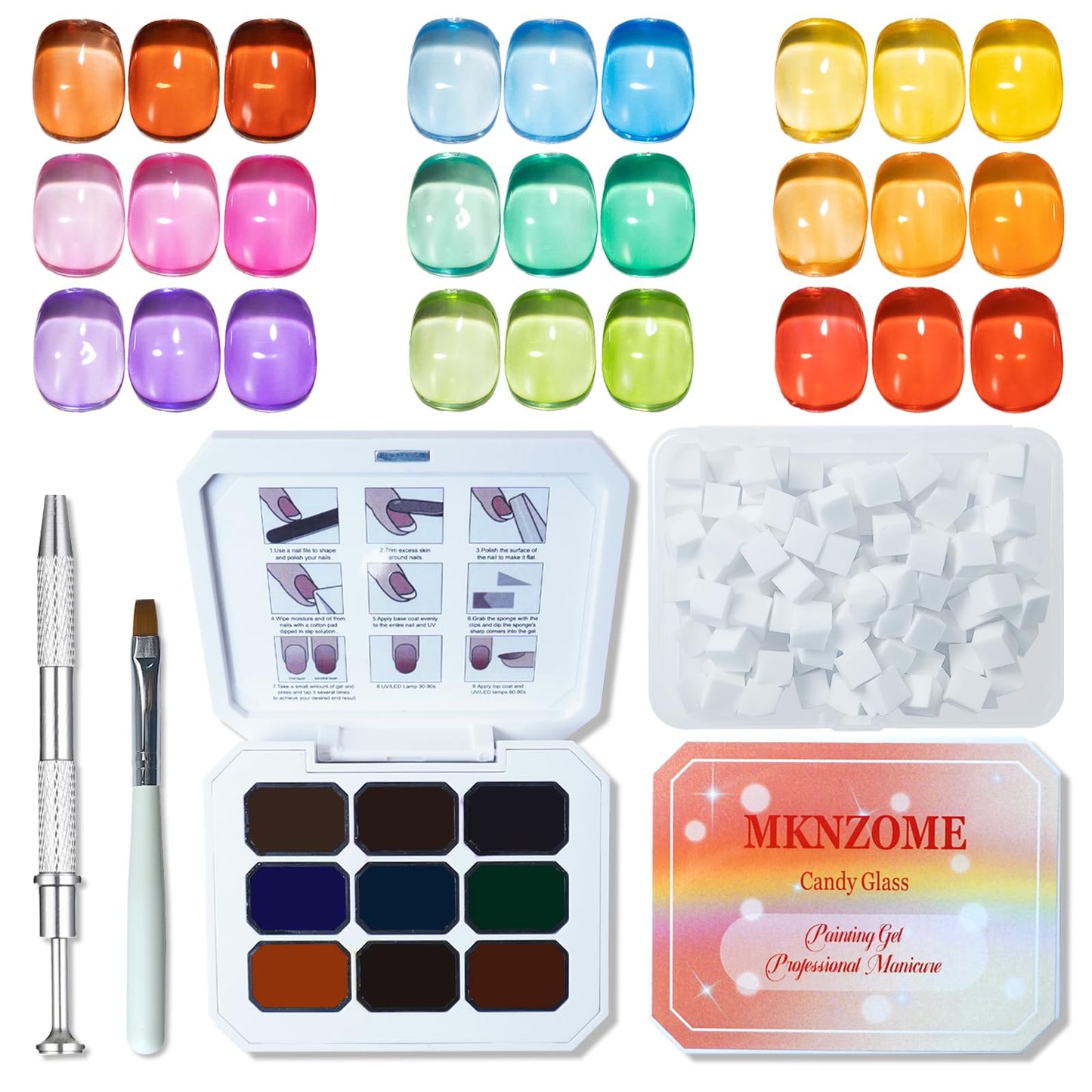 MKNZOME Patting Gel Nail Polish Set, 9 Colors Jelly Painting Gel Palette Red Pink Purple Green Blue Orange Blooming Aura Nails with Nail Sponges for