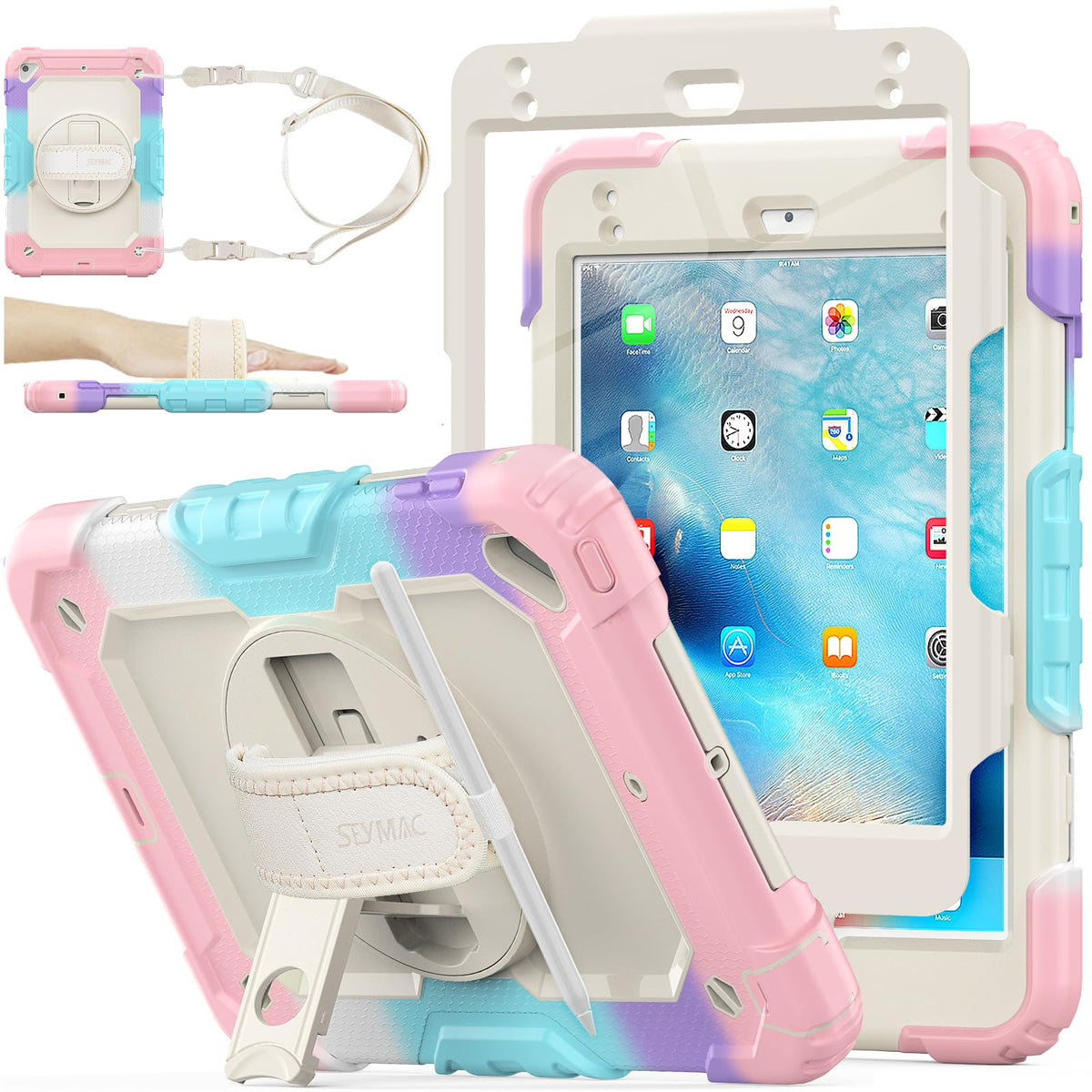 SEYMAC stock Case for iPad Mini 5th/4th Generation 7.9'', Full-body Protective Case with Screen Protector, Pencil Holder, 360? Rotating Stand & Hand