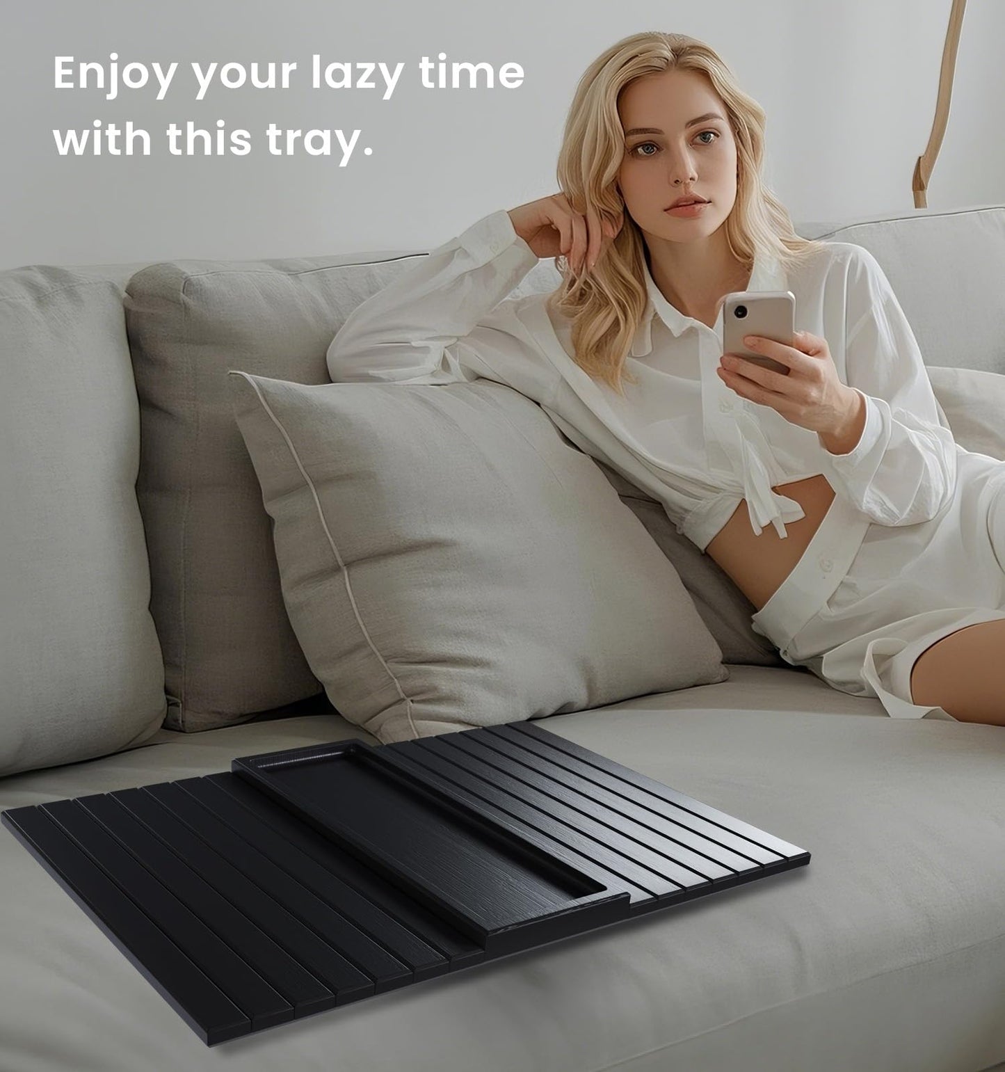 Fibogollo Sofa Arm Tray,Bamboo Folding Couch Arm Tray,1 Pc Sofa Armrest Trays with Anti-Slip Pad for Drinks,Snacks,Phone,Remote Control(Black)