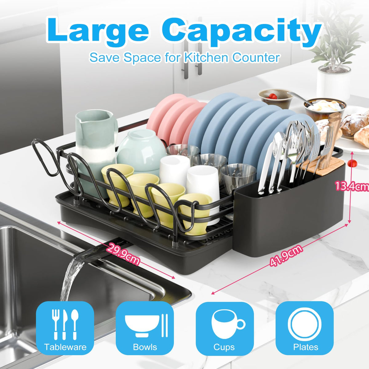 BRIAN & DANY Aluminum Dish Drying Rack, Dish Drainer with Removable Cutlery Holder & Cup Holder, Unique 360 Swivel Spout Drain Board, Black