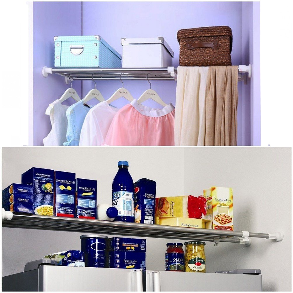 BAOYOUNI Expandable Wardrobe shelf Tension Rod Metal Airing Cupboard Shelving Unit Storage Organiser Extendable Closet Clothes Hanger Dividers