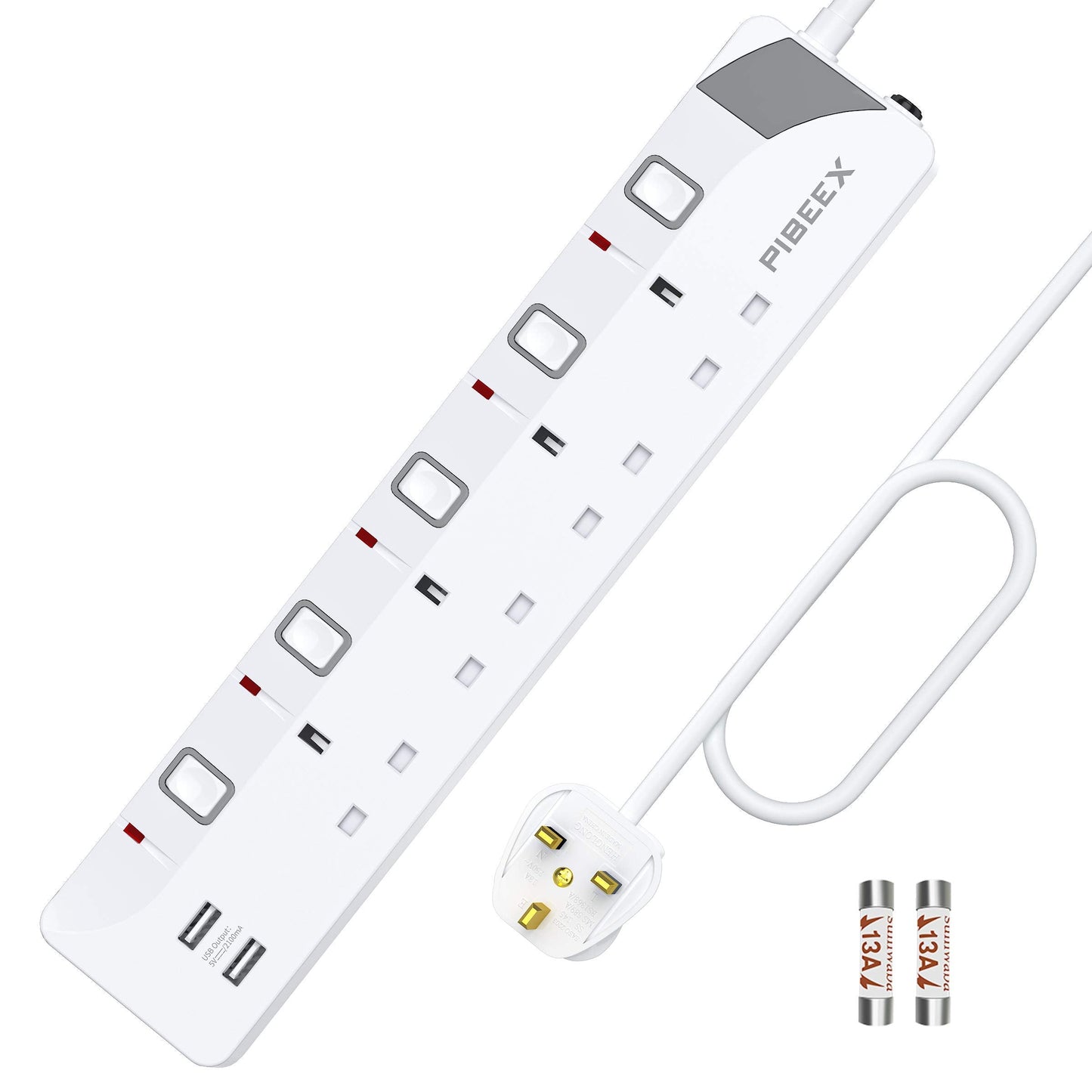 Extension Lead with 4 Way Plug Sockets, Wall Mountable Extension Socket with Individual Switches and 2 USB Charging Ports, 13A 3250W, 2M Extension