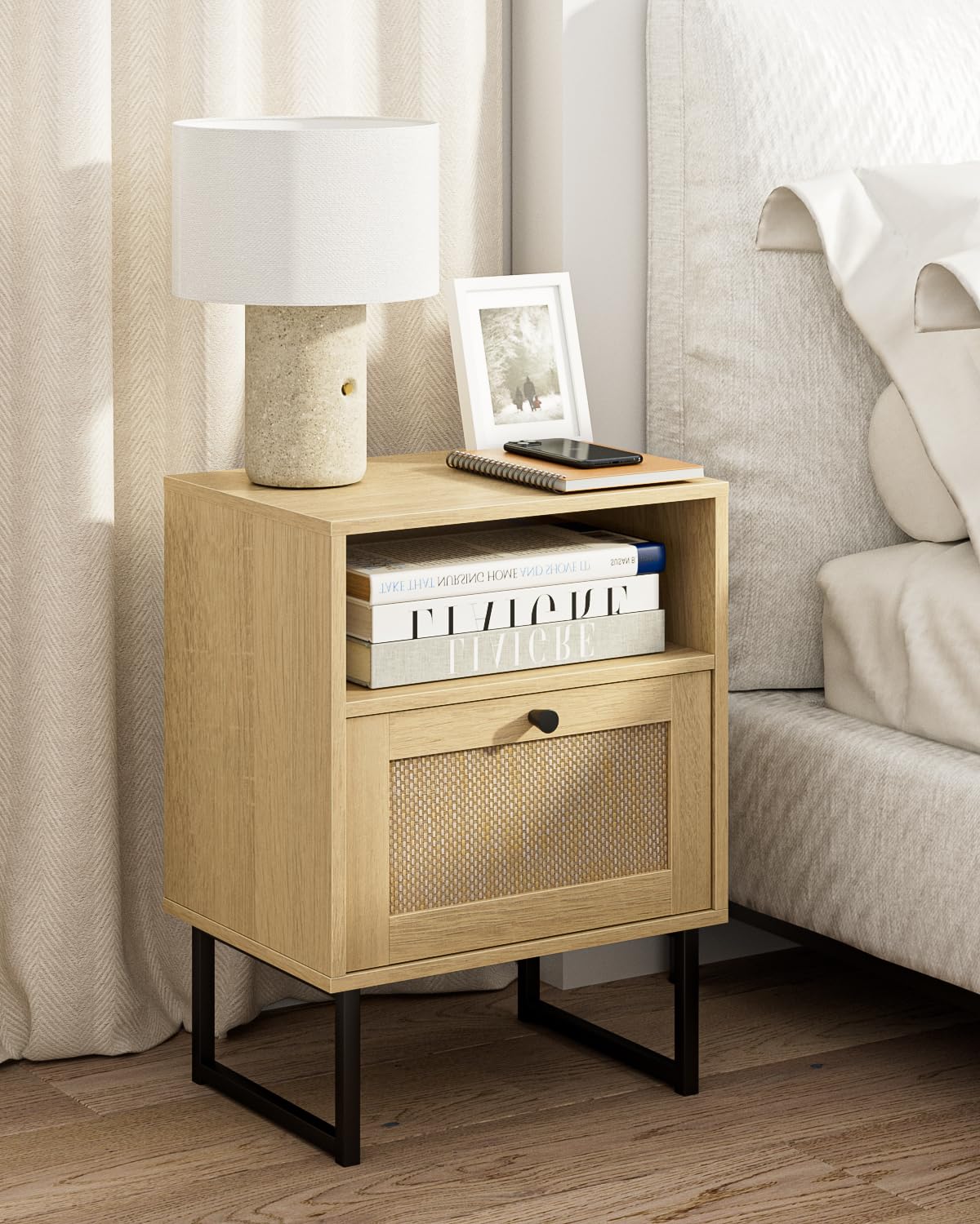 HEYZOEY Boho Rattan Bedside Table, Wood Nightstand with Drawer and Oak Shelf, Side and End Table for Bedroom, Living Room, Office
