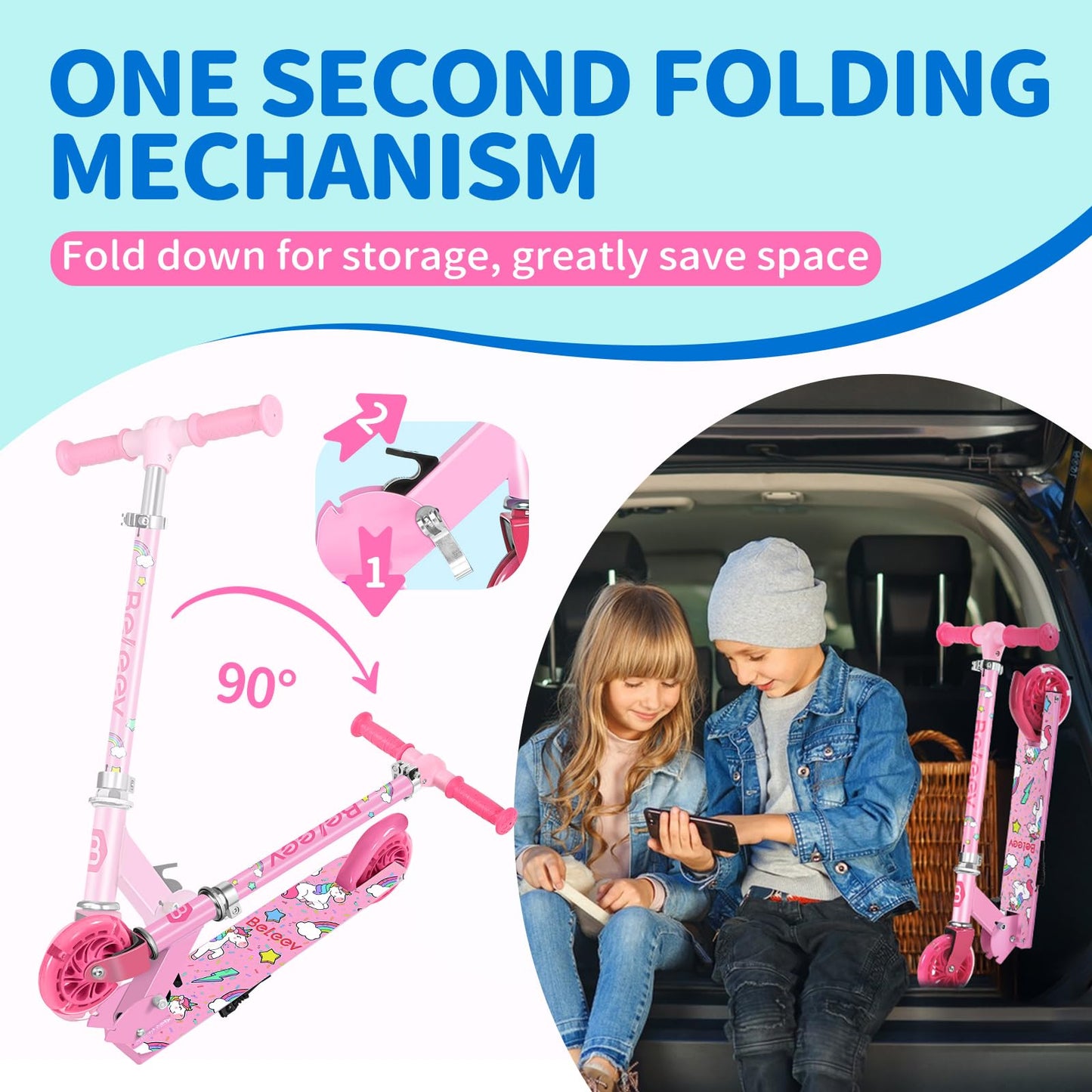 BELEEV V1 Scooter for Kids, 2 Wheels Folding Kick Scooter for Children Girl and Boys, 3 Adjustable Height, Flashing Light up Wheels, Lightweight