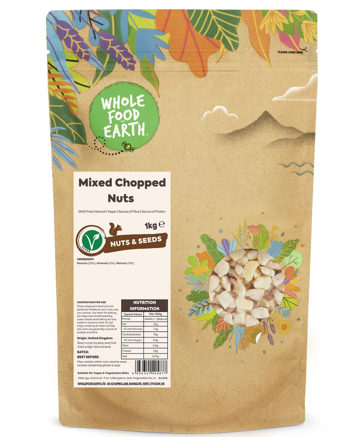 Wholefood Earth Mixed Chopped Nuts 1 kg | GMO Free | Natural | Source of Fibre | Source of Protein