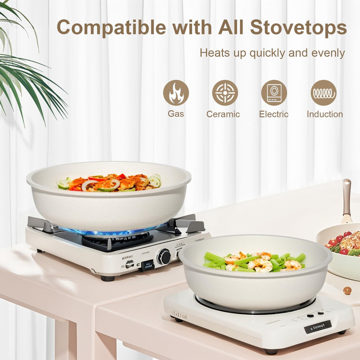 YASHE 13Pcs Pots and Pans Sets Non Stick, Kitchen Cookware Sets, Induction Pan Set for RV Set, Pans with Detachable Handle, Granite White, Oven Safe,
