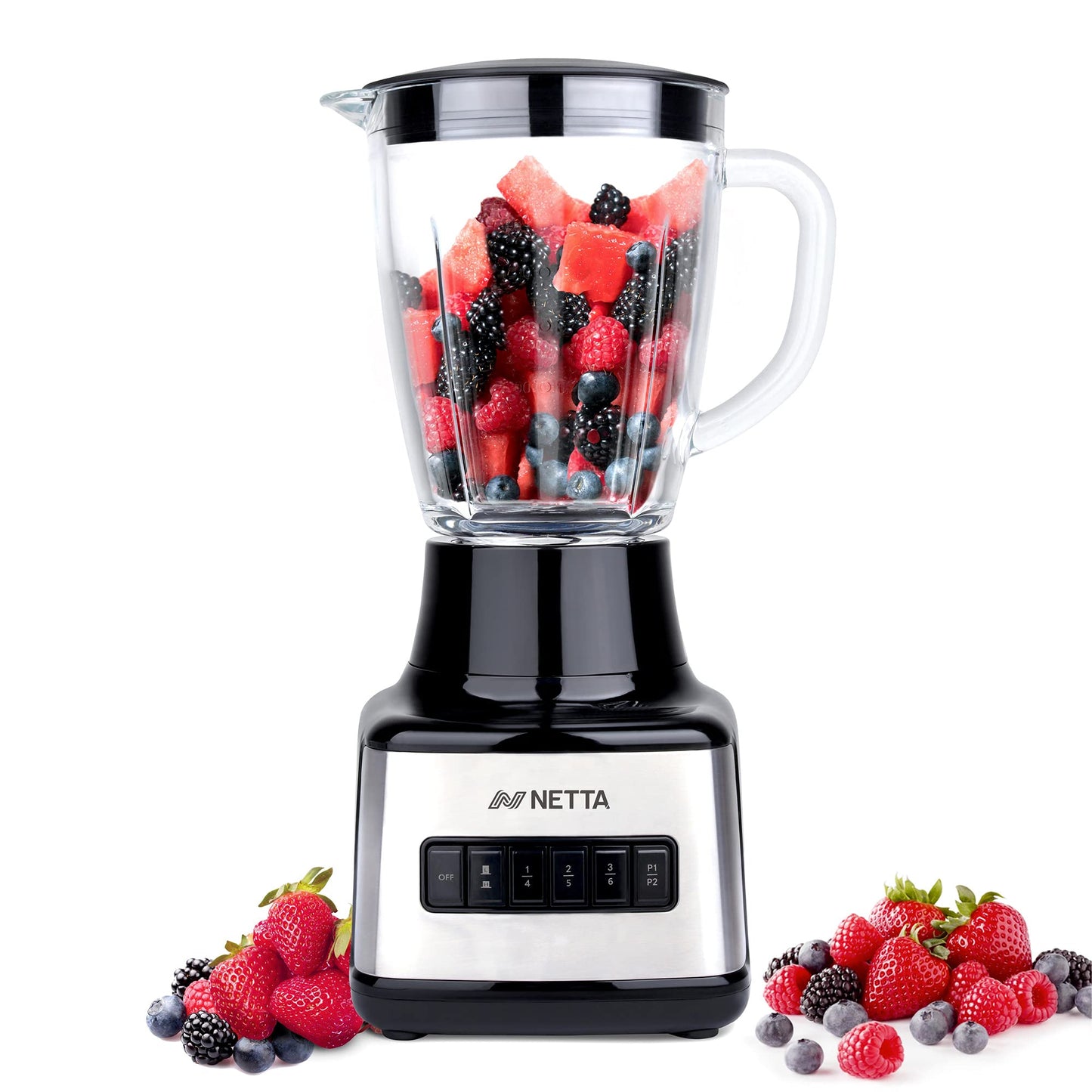 NETTA Table Blender - Smoothie Maker with Glass Jug - Electric Jug Mixer and Grinder - 8 Speed Settings, 500W - Ideal for Liquidisers, Milkshake, Ice