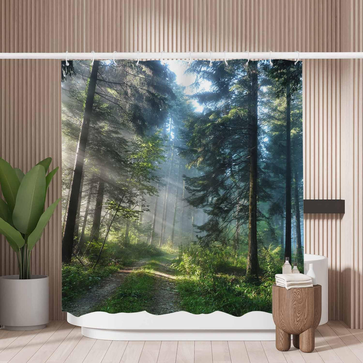 Woutay Shower Curtain Water Repellant Fabric Misty Tree Scenery,Mould Proof Resistant,Polyester,with 12 Plastic Hooks