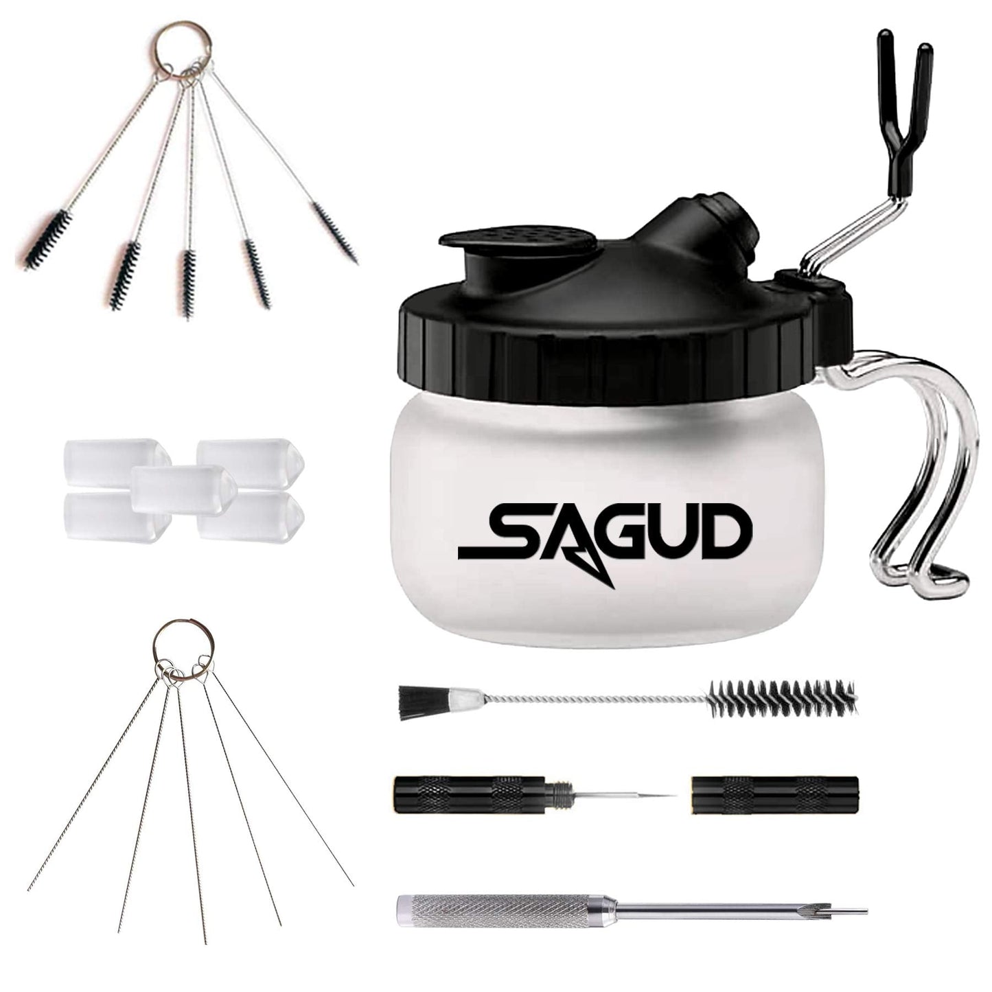 SAGUD Airbrush Clean Kit Cleaning Pot with Glass Cleaning Pot Holder, Air brush Cleaning kit for Spray Gun Washing