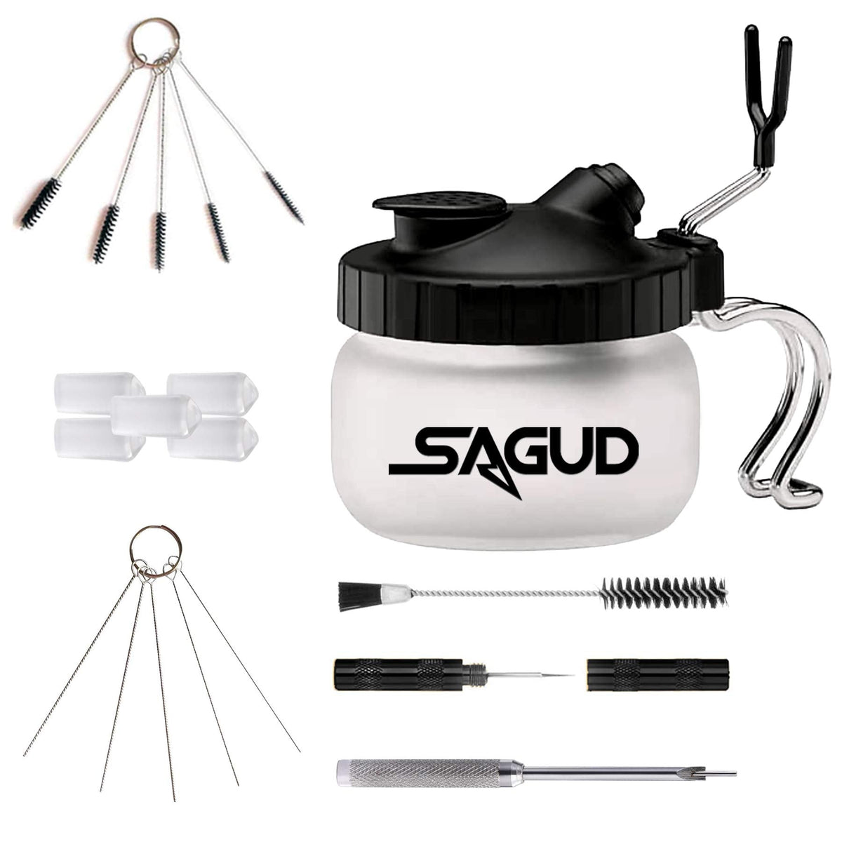 SAGUD Airbrush Clean Kit Cleaning Pot with Glass Cleaning Pot Holder, Air brush Cleaning kit for Spray Gun Washing