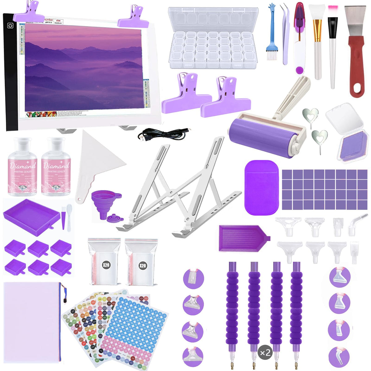 Lenxnmy 161pcs All-Inclusive Diamond Painting Tool Set Diamond Art Accessories Kit with A4 Diamond Painting Light Pad,Diamond Art Sealer Glue,Diamond