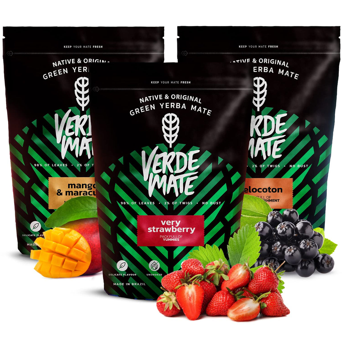 Verde Mate Green Fruity Yerba Mate Tea Set 3x500g - Mango & Maracuya, Melocoton, Very Strawberry, Brazilian