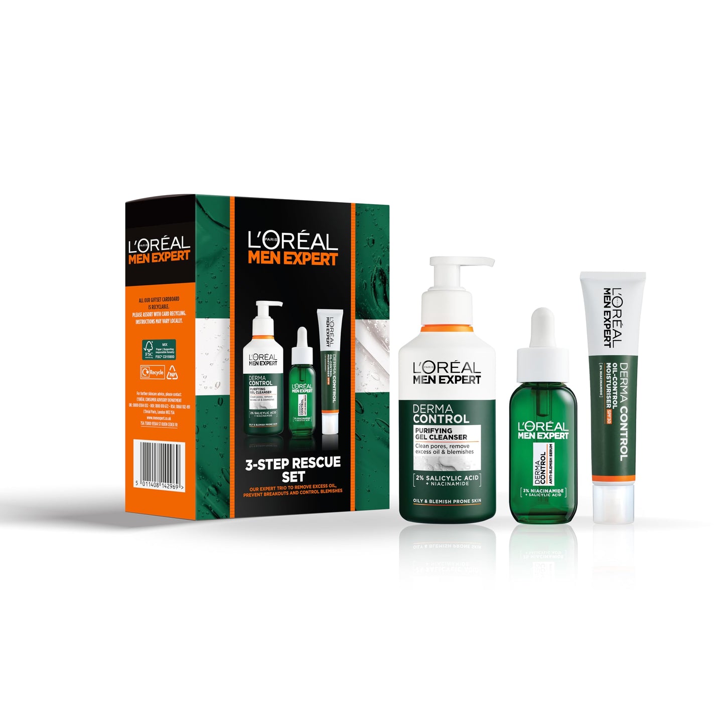 L'Or?al Men Expert 3-Step Rescue Set for Oily & Blemish-Prone Skin, Gift for Him, Dermatologically Tested