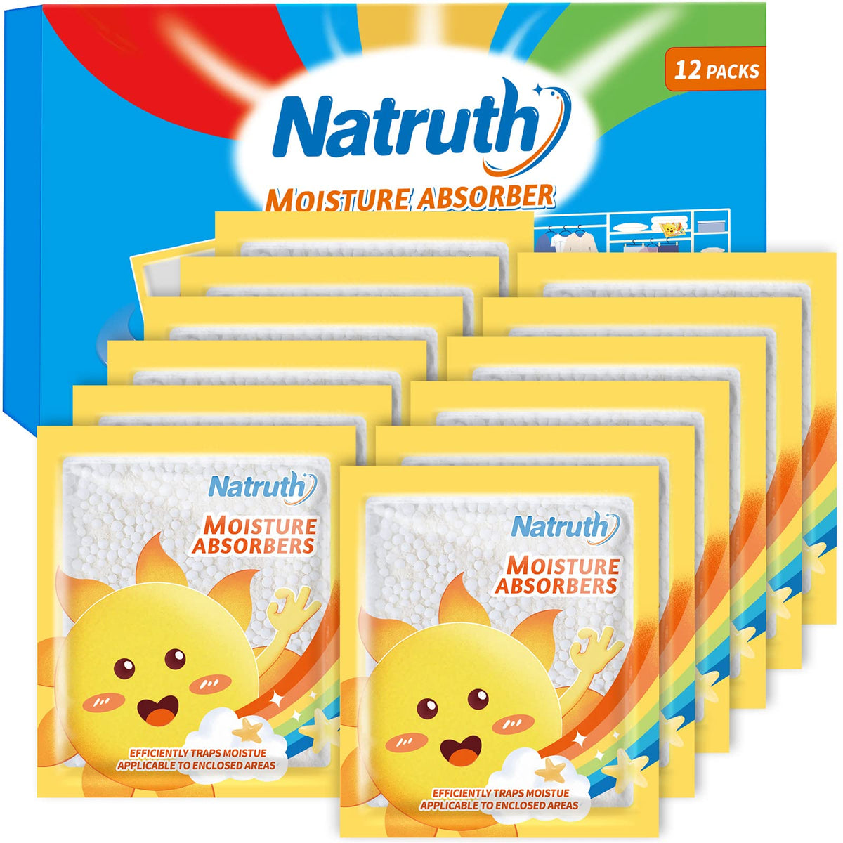 NATRUTH 12-PACK Moisture Absorber Bags, Dehumidifier Bags for Wardrobe,Drawers Cupboards,Caravan,suitcases,Eliminates Odors,Dehumidifier Bags for