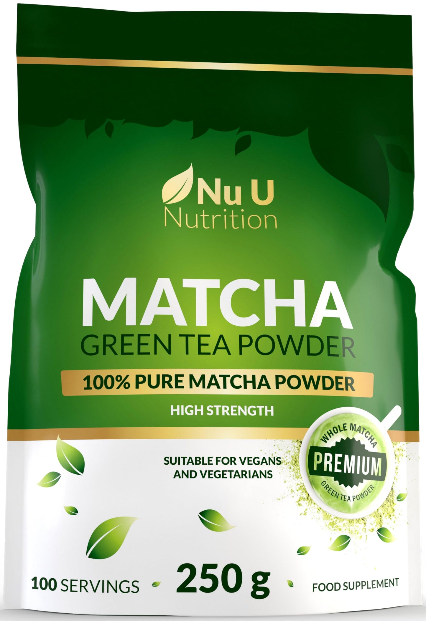 Nu U Nutrition - Matcha Green Tea Powder 250g - XL Pouch 100 Servings - 100% Pure Macha Premium Culinary Grade - Smooth taste & Easy to Mix - Ideal