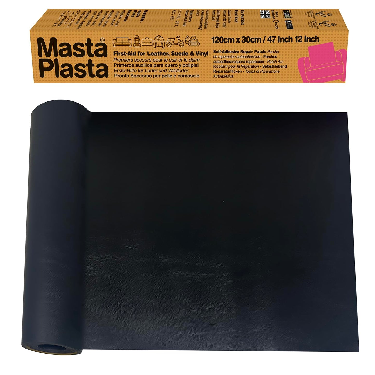 MastaPlasta Original Self-Adhesive Leather Repair Patch - Black 120 x 30cm (47 x 12in). The Instant Upholstery-Quality Leather Repair Kit for Sofas,